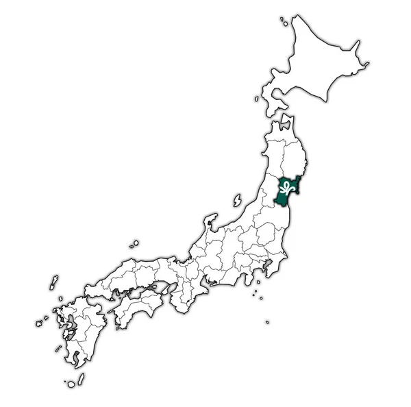 トロムス県県行政区分と日本の国境のマップ上の宮城県旗 — ストック写真