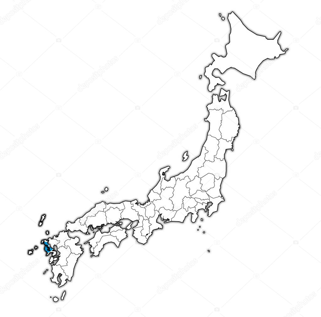 flag of nagasaki prefecture on map with administrative divisions and borders of japan
