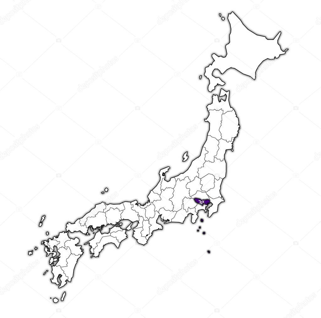 flag of tokyo prefecture on map with administrative divisions and borders of japan