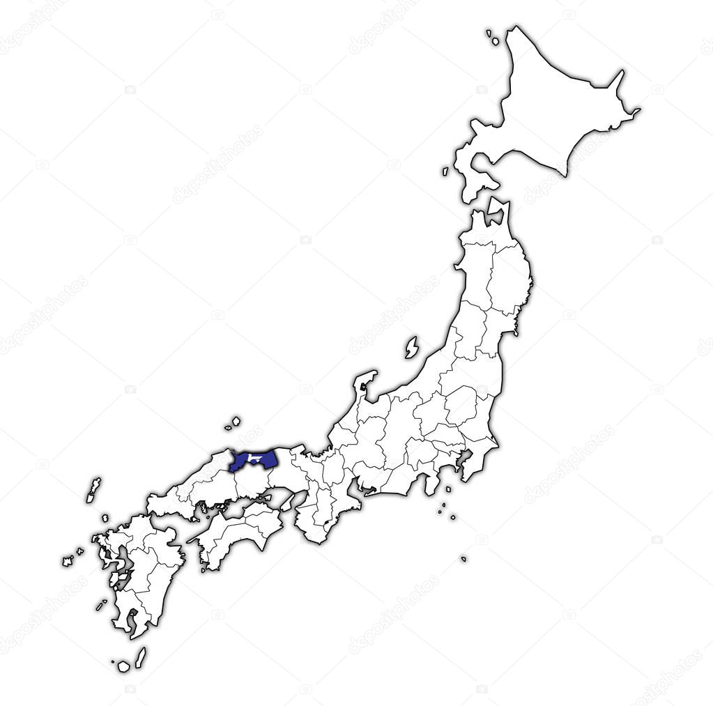 flag of tottori prefecture on map with administrative divisions and borders of japan