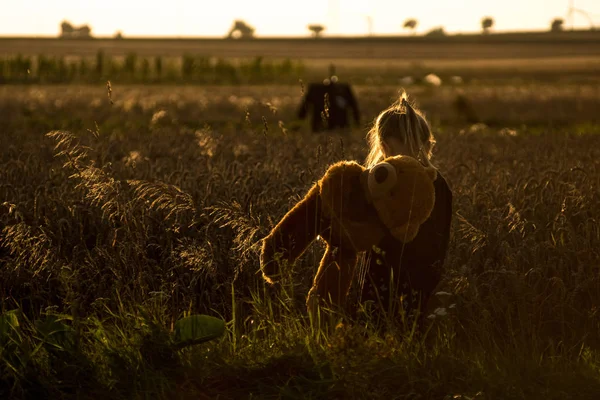 Jovem Com Grande Urso Pelúcia Andando Campo Durante Pôr Sol — Fotografia de Stock