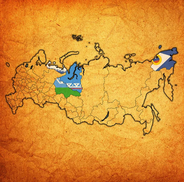 自治区标志在地图上与行政区划和俄罗斯的边界 — 图库照片
