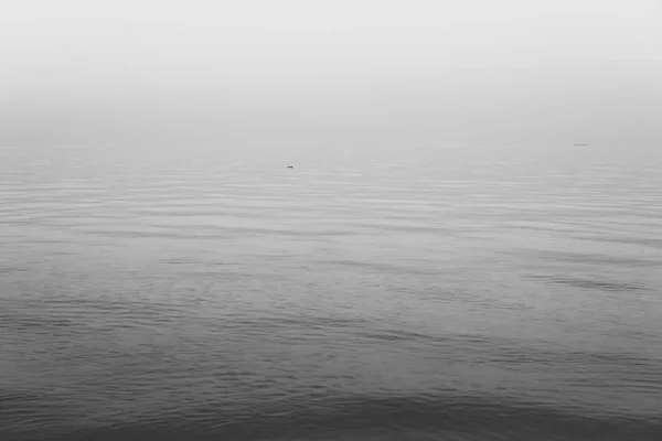 在雾蒙蒙的天气里 平静的大海 在水面上漂浮着小波纹和木片 — 图库照片