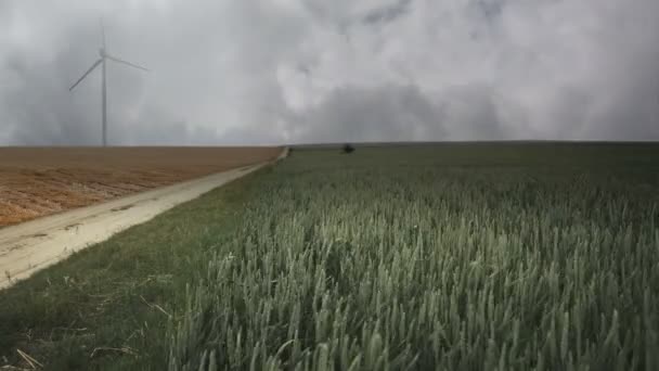 Surrealistisch Landelijk Landschap Met Velden Windturbines Tijdens Verschillende Seizoenen Hetzelfde — Stockvideo