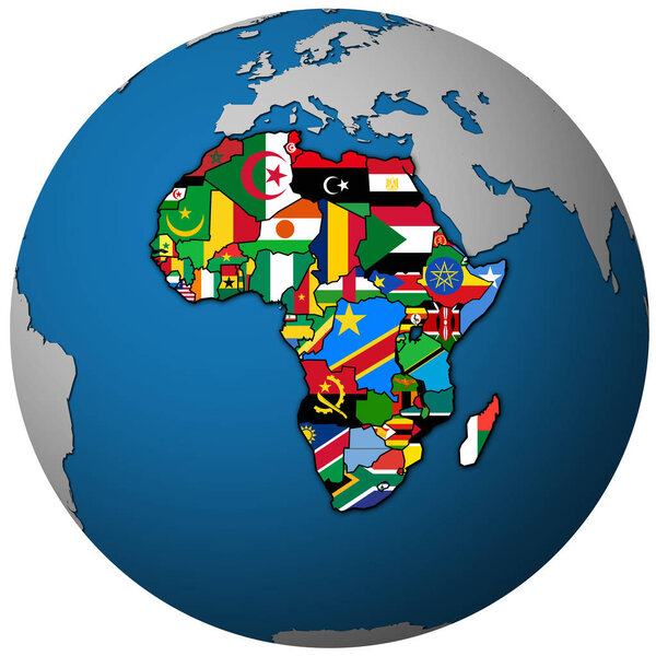 Globe map with political map of african union member countries with national borders and flags