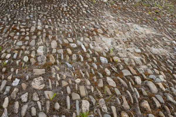 Primer Plano Las Viejas Piedras Utilizadas Para Construir Camino Pavimentado — Foto de Stock