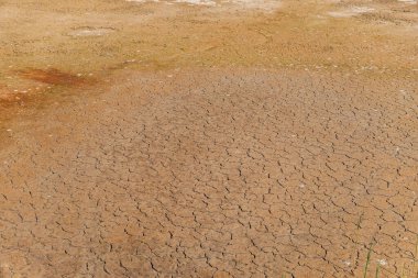 Kurumuş bir gölün dibi ve çatlamış bir toprak manzarası.