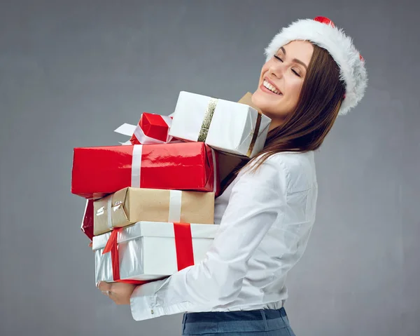 Businesswoman Closed Eyes Santa Hat Holding Heap Christmas Gifts — Stock Photo, Image