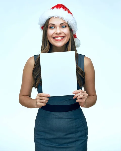 Smiling Santa girl business woman holding white blank advertisin — Stock Photo, Image