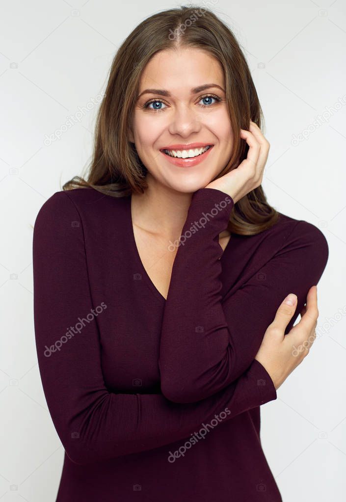 attractive happy woman in love with crossed arms posing isolated on white background