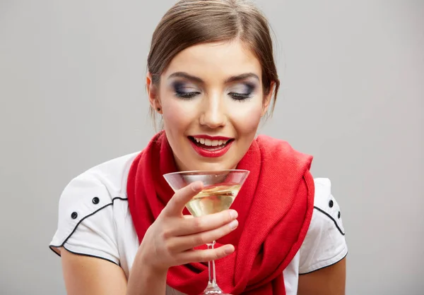 Smiling Woman Wearing Red Scarf Holding Glass Alcohol Cocktail Drink — Stock Photo, Image