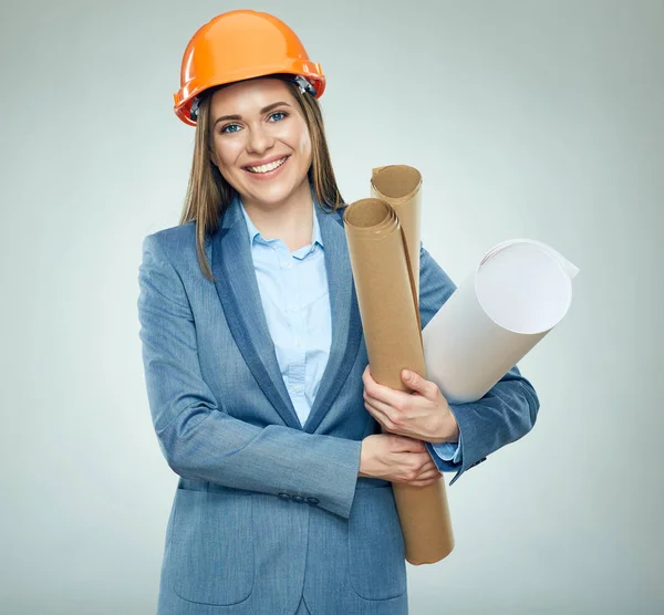 Arquiteta Construtora Sorrindo Mulher Vestindo Terno Negócios Segurando Plano Papel — Fotografia de Stock