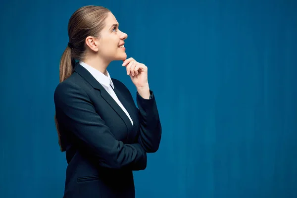 Profile Portrait Smiling Businesswoman Wearing Black Suit Posing Blue Wall — Stock Photo, Image
