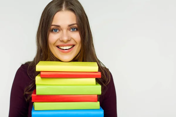 Close Portret Van Student Meisje Met Stapel Boeken Wit Terug — Stockfoto