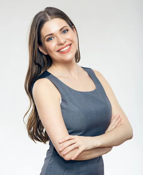 Smiling Businesswoman Wearing Gray Dress Standing Crossed Arms Isolated White — Stock Photo, Image