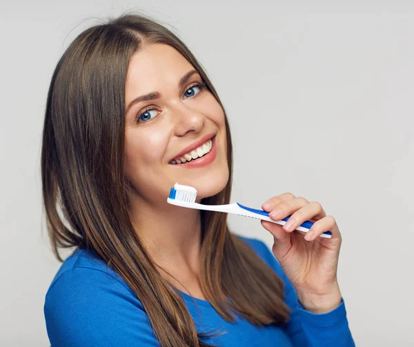 Portrait Toothy Smiling Woman Holding Toothbrush — Stock Photo, Image