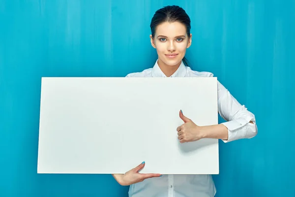 Smiling Woman Holding Big White Sign Board Showing Thumb — Stock Photo, Image