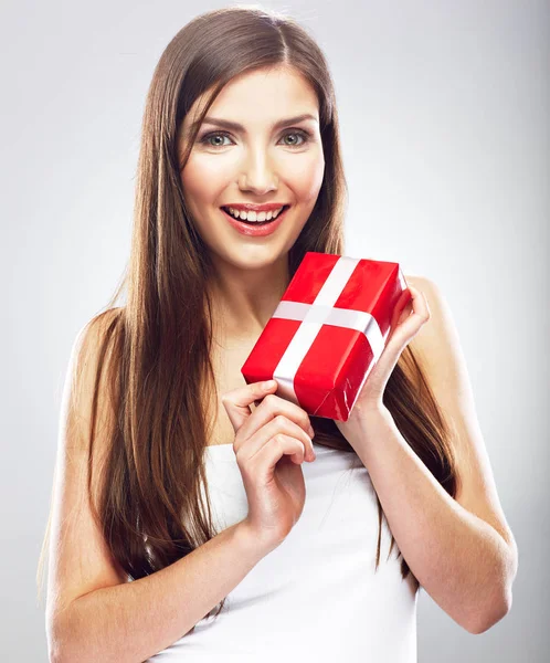 Happy Woman Holding Red Christmas Style Present Isolated White Background — Stock Photo, Image
