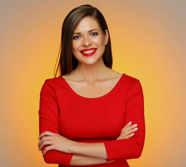 Smiling Confident Woman Wearing Red Dress Crossed Arms Posing Yellow — Stock Photo, Image