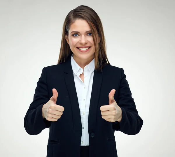 Mujer Negocios Sonriente Vistiendo Traje Negro Mostrando Pulgares Hacia Arriba —  Fotos de Stock