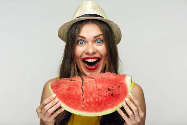 Retrato Mulher Sorridente Chapéu Com Melancia Conceito Verão — Fotografia de Stock