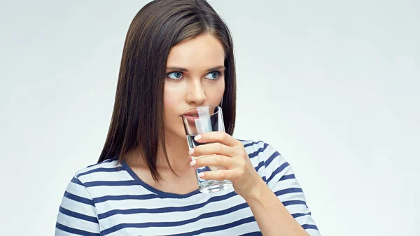 Beautiful Woman Long Hair Drinking Water Glass — Stock Photo, Image