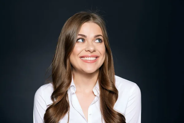 Portrait Smiling Woman Long Hair Wearing White Shirt Posing Black — Stock Photo, Image