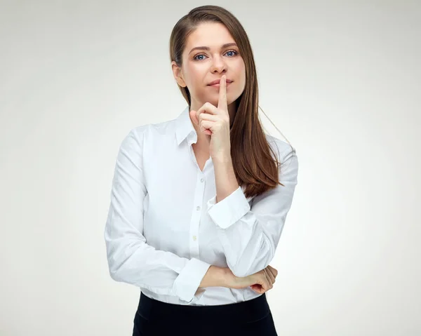 Mujer Negocios Sosteniendo Dedo Contra Los Labios Mostrando Símbolo Silencioso —  Fotos de Stock