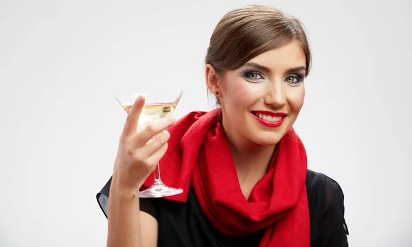 Portrait Smiling Young Woman Cocktail Glass Dressed Black Dress Red — Stock Photo, Image