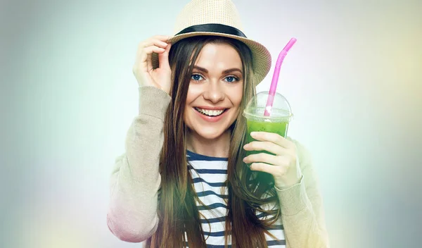 Hipster Style Woman Wearing Hat Striped Shirt Holding Glass Green — Stock Photo, Image