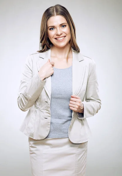 Mujer Negocios Sonriente Vistiendo Traje Oficina Posando Aislado Sobre Fondo —  Fotos de Stock