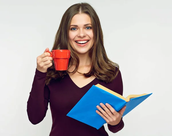 Lachende Student Vrouw Met Boek Koffie Beker — Stockfoto