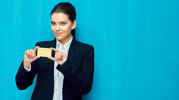 Businesswoman Black Suit Holding Golden Payment Credit Card — Stock Photo, Image