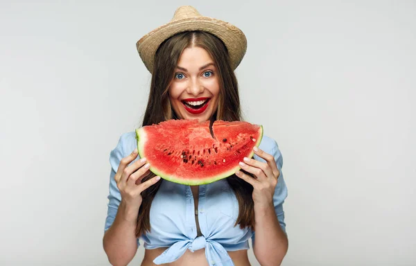 Donna Sorridente Stile Messicano Vestiti Che Tengono Anguria — Foto Stock