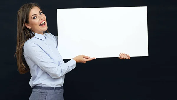 Smiling Businesswoman Holding White Sign Board Black Background — Stock Photo, Image