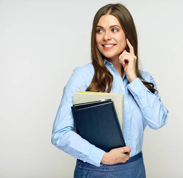 Smilende Kvinnelig Lærer Som Holder Bøker Isolert Hvit Bakgrunn – stockfoto