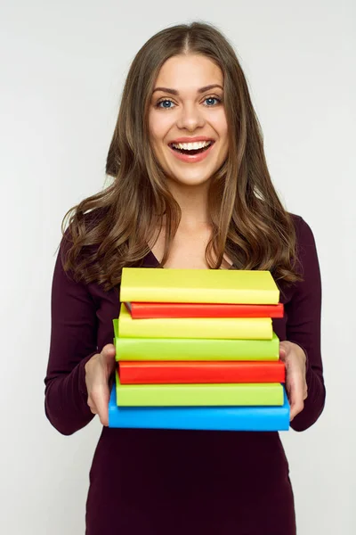 Lachende Vrouw Van Student Die Stapel Boeken Geïsoleerd Witte Achtergrond — Stockfoto