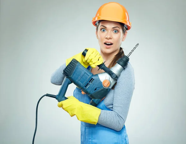 Surprised Woman Builder Safety Helmet Overall Holding Drill Tool Hard Stock Image
