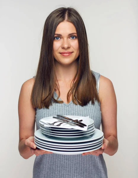 Lächelnde Frau Mit Tellerstapel Catering Konzept — Stockfoto