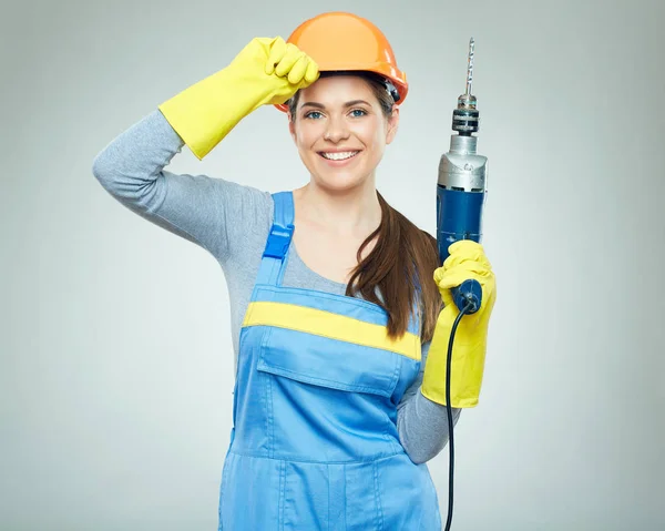 Smiling Woman Wearing Helmet Holding Drill Tool Isolated Portrait — Stock Photo, Image