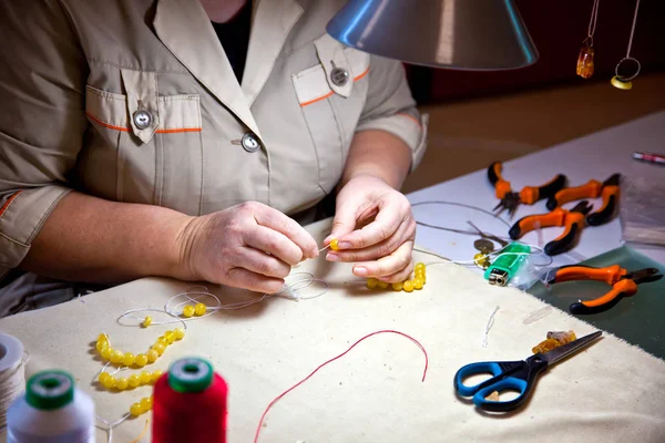 Hands Jeweler Making Amber Jewelry Master — Stock Photo, Image