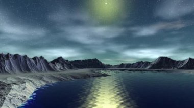 Fantezi uzaylı gezegenine. Dağ ve su. Animasyon. Panorama. 4k