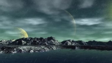 Fantezi uzaylı gezegenine. Dağ ve su. Animasyon. Panorama. 4k