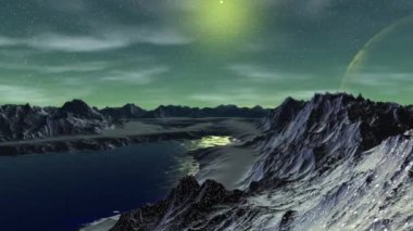 Fantezi uzaylı gezegenine. Dağ ve su. Animasyon. Panorama. 4k