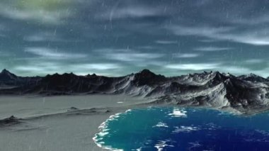 Fantezi uzaylı gezegenine. Dağ ve su. Animasyon. Panorama. 4k