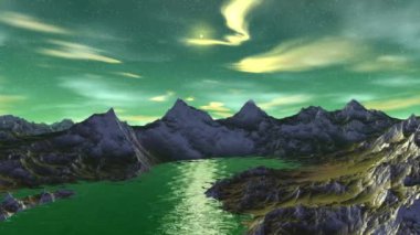 Fantezi uzaylı gezegenine. Dağ ve su. Animasyon. Panorama. 4k