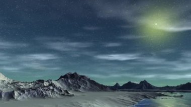 Fantezi uzaylı gezegenine. Dağ ve su. Animasyon. Panorama. 4k