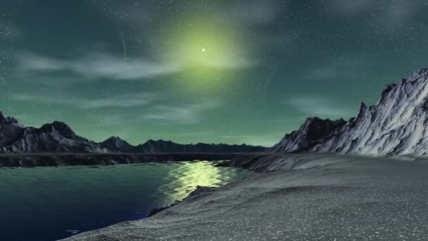 Fantasía Planeta Alienígena Montaña Agua Animación Panorama — Vídeos de Stock
