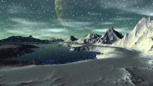 Фантазія Інопланетної Планети Гора Вода Анімація Панорама Кілометровий — стокове відео