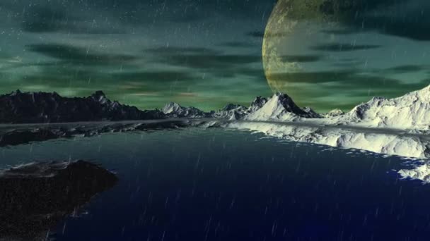 Fantasie Buitenaardse Planeet Berg Water Animatie Panorama — Stockvideo